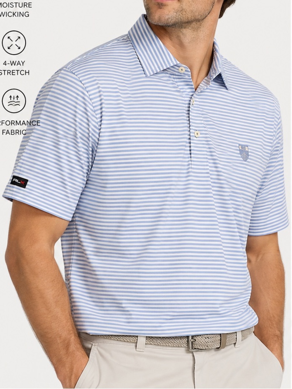 RLX Ralph Lauren Golf Polo Large Blue White Striped Performance Shirt Club Crest